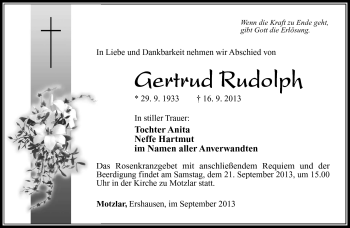 Traueranzeige von Gertrud Rudolph von Südthüringer Presse