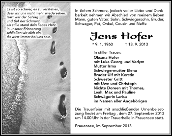Traueranzeige von Jens Hofer von Südthüringer Presse