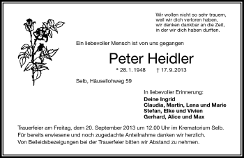 Traueranzeige von Peter Heidler von Frankenpost