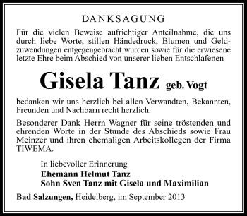 Traueranzeige von Gisela Tanz von Südthüringer Presse