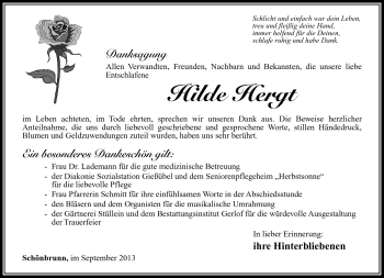 Traueranzeige von Hilde Hergt von Südthüringer Presse