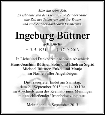 Traueranzeige von Ingeburg Büttner von Südthüringer Presse