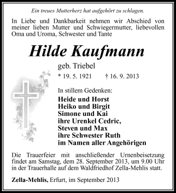 Traueranzeige von Hilde Kaufmann von Südthüringer Presse
