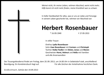 Traueranzeige von Herbert Rosenbauer von Neue Presse Coburg