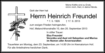 Traueranzeige von Heinrich Freundel von Frankenpost