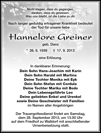 Traueranzeige von Hannelore Greiner von Südthüringer Presse