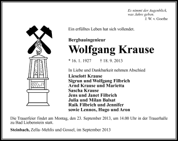 Traueranzeige von Wolfgang Krause von Südthüringer Presse