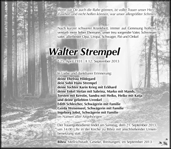 Traueranzeige von Walter Strempel von Südthüringer Presse