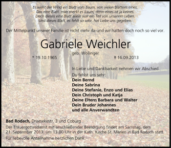 Traueranzeige von Gabriele Weichler von Neue Presse Coburg