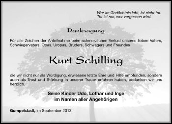 Traueranzeige von Kurt Schilling von Südthüringer Presse
