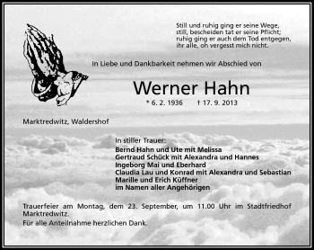 Traueranzeige von Werner Hahn von Frankenpost