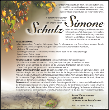 Traueranzeige von Simone Schulz von Hof-Coburg-Suhl