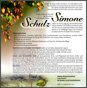 Traueranzeige von Simone Schulz von Südthüringer Presse