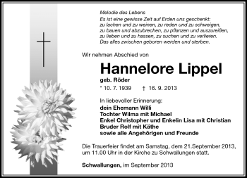 Traueranzeige von Hannelore Lippel von Südthüringer Presse