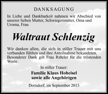 Traueranzeige von Waltraut Schlenzig von Südthüringer Presse