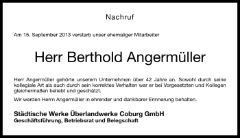 Traueranzeige von Berthold Angermüller von Neue Presse Coburg
