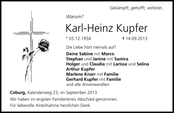 Traueranzeige von Karl-Heinz Kupfer von Neue Presse Coburg