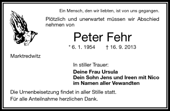 Traueranzeige von Peter Fehr von Frankenpost