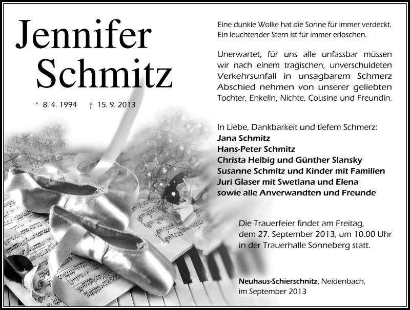  Traueranzeige für Jennifer Schmitz vom 21.09.2013 aus Südthüringer Presse