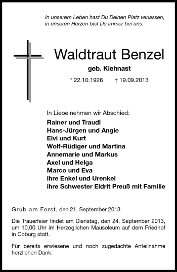 Traueranzeige von Waldtraut Benzel von Neue Presse Coburg