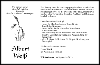 Traueranzeige von Albert Weiß von Südthüringer Presse