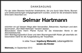 Traueranzeige von Semlar Hartmann von Südthüringer Presse