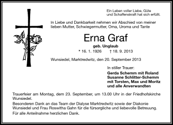 Traueranzeige von Erna Graf von Frankenpost