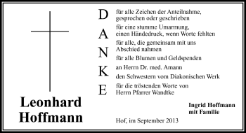 Traueranzeige von Leonhard Hoffmann von Frankenpost