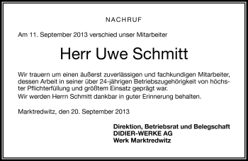 Traueranzeige von Uwe Schmitt von Frankenpost