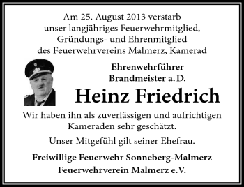 Traueranzeige von Heinz Friedrich von Südthüringer Presse