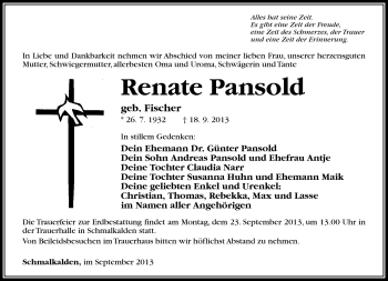 Traueranzeige von Renate Pansold von Südthüringer Presse