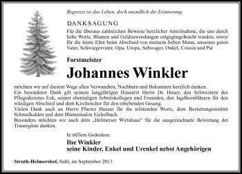 Traueranzeige von Johannes Winkler von Südthüringer Presse