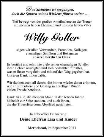 Traueranzeige von Willy Goller von Südthüringer Presse
