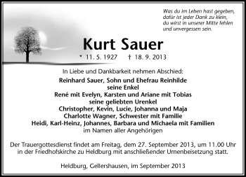 Traueranzeige von Kurt Sauer von Südthüringer Presse