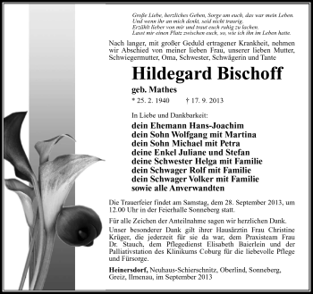 Traueranzeige von Hildegard Bischoff von Südthüringer Presse