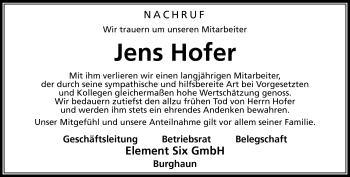 Traueranzeige von Jens Hofer von Südthüringer Presse
