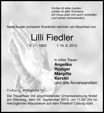 Traueranzeige von Lilli Fiedler von Neue Presse Coburg