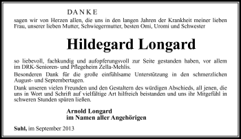 Traueranzeige von Hildegard Longard von Südthüringer Presse
