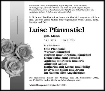 Traueranzeige von Luise Pfannstiel von Südthüringer Presse