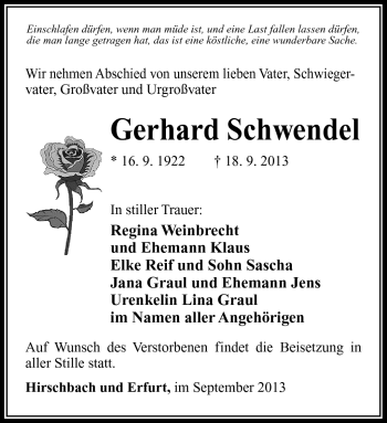 Traueranzeige von Gerhard Schwendel von Südthüringer Presse