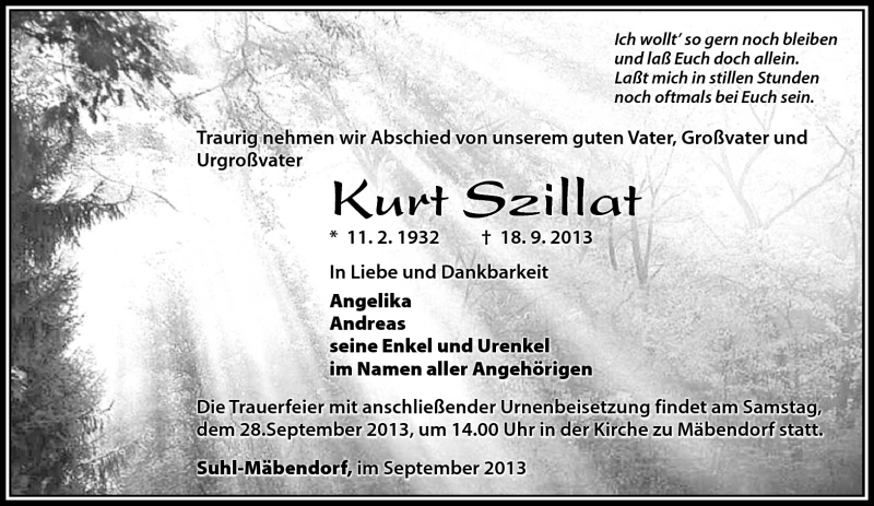  Traueranzeige für Kurt Szillat vom 21.09.2013 aus Südthüringer Presse