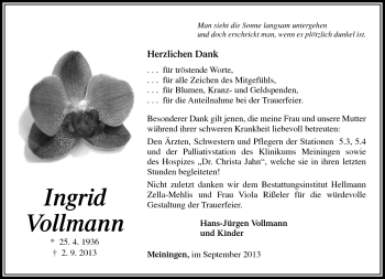 Traueranzeige von Ingrid Vollmann von Südthüringer Presse