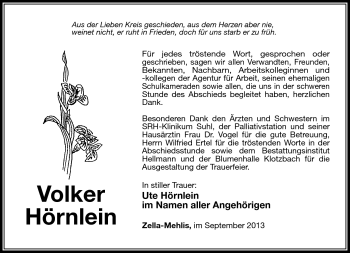 Traueranzeige von Volker Hörnlein von Südthüringer Presse