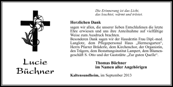 Traueranzeige von Lucie Büchner von Südthüringer Presse