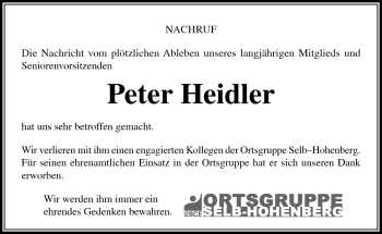 Traueranzeige von Peter Heidler von Frankenpost