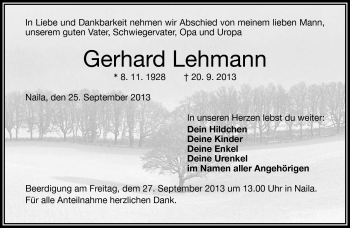 Traueranzeige von Gerhard Lehmann von Frankenpost