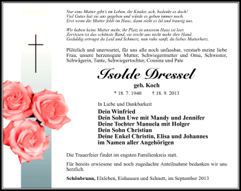 Traueranzeige von Isolde Dressel von Südthüringer Presse