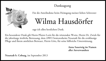 Traueranzeige von Wilma Hausdörfer von Neue Presse Coburg