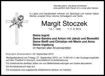Traueranzeige von Margit Stoczek von Neue Presse Coburg