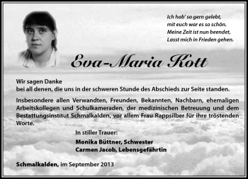 Traueranzeige von Eva Maria Kott von Südthüringer Presse